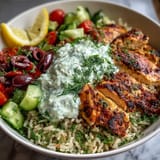 A close-up of a colorful Greek Chicken Bowl featuring juicy marinated chicken, fluffy lemon-herb rice, diced cucumbers, cherry tomatoes, and creamy tzatziki garnished with fresh dill.