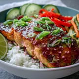 Healthy Asian-inspired salmon bowl topped with sesame seeds, scallions, and fresh lime wedges.