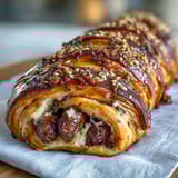Baseball Game Day Pigs in a Blanket with Mustard Dip served on a wooden platter, golden puff pastry-wrapped sausages arranged in a neat row beside a bowl of tangy mustard dip.