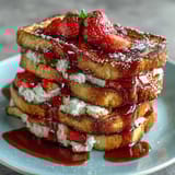 A fluffy strawberry French toast casserole baked with custard, layered brioche, and sweet berries for a spring morning treat.  