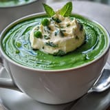 Whipped ricotta and mint oil crown this creamy spring pea soup.