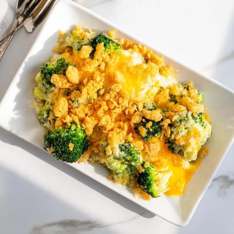 Golden-brown Broccoli Casserole with bubbling cheese sauce and Ritz cracker topping in a baking dish.