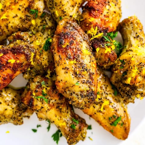 Golden-baked Lemon Pepper Wings tossed in a tangy butter sauce with a wedge of lemon nearby.