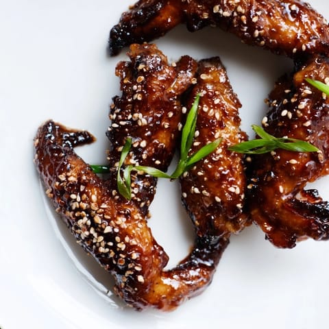 A close-up of Asian Sticky Wings with a thick, caramelized glaze, ready to serve
