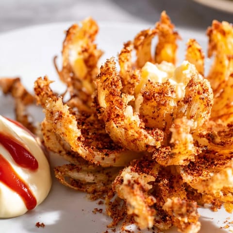 Freshly fried Blooming Onion sits on a wooden board, its seasoned batter crumbs visible, next to a zesty dipping sauce ready for dipping.