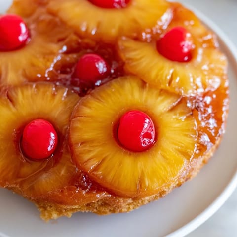 Slices of warm Pineapple Upside-Down Cake served on a plate with vanilla ice cream.