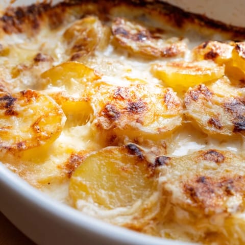 Golden-brown Au Gratin Potatoes bubbling with melted Gruyère and Parmesan in a ceramic baking dish, fresh from the oven.