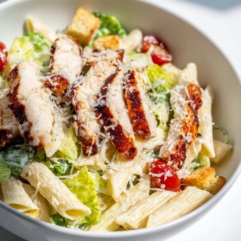 Spicy chicken Caesar pasta features creamy dressing, shaved parmesan, and bright cherry tomatoes on a white plate.