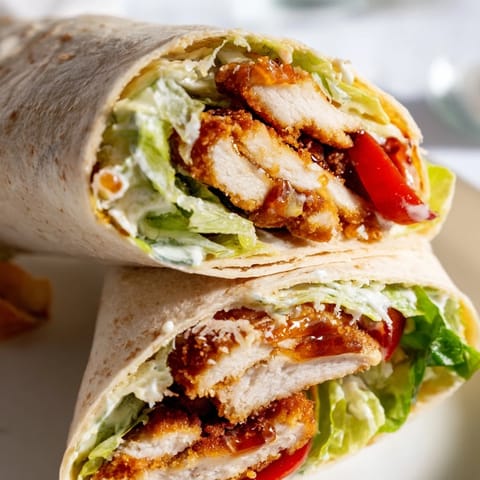 A handheld Hot Honey Chicken Caesar Wrap with spicy-sweet glazed chicken, romaine lettuce, and creamy dressing inside.