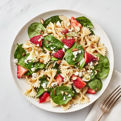 Freshly cooked bow-tie pasta tossed with baby spinach, sliced strawberries, and toasted almonds in a vibrant Spring Spinach Strawberry Pasta Salad.  