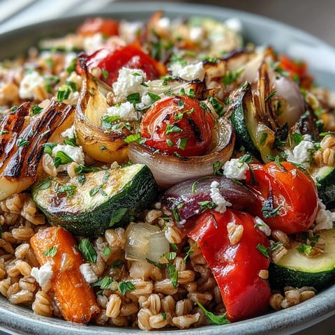 Farro with roasted vegetables piled high on a platter, featuring caramelized red bell peppers, zucchini, and cherry tomatoes.