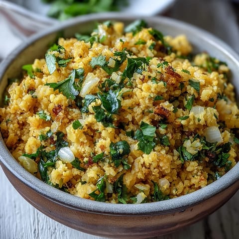Close-up view of fluffy Turmeric Cauliflower Rice, with a steamy texture and bright lemon juice glistening in the pan.