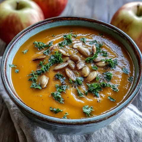 Steaming bowl of homemade Butternut Squash and Apple Soup garnished with pumpkin seeds and fresh parsley.  