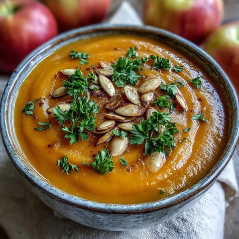 Creamy orange Butternut Squash and Apple Soup served warm in a rustic ceramic bowl.  