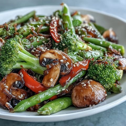 A close-up of the Ginger Stir-Fried Vegetables served over steamed jasmine rice, garnished with green onions and toasted sesame seeds.  