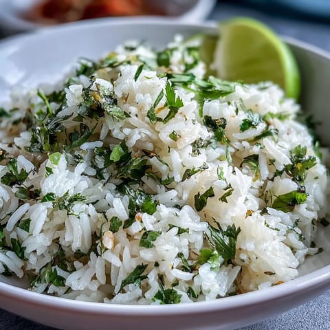 Fluffy grains of Cilantro Lime Rice glisten with olive oil, fresh lime zest, and chopped cilantro in a rustic ceramic bowl.