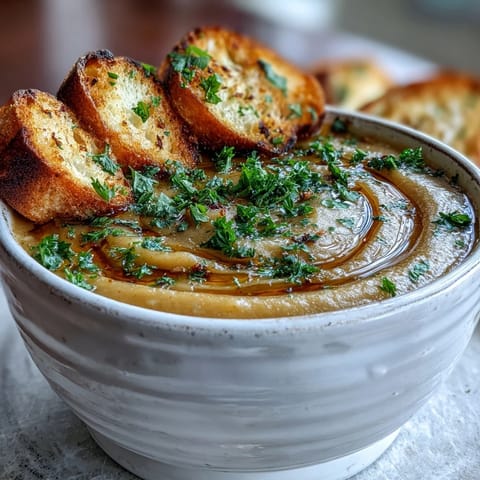 Creamy Roasted Garlic Soup steaming in a white bowl, garnished with fresh parsley and croutons. 