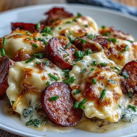 Creamy, bubbly Crockpot Pierogi Casserole With Kielbasa served steaming hot from the slow cooker.