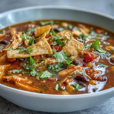 Steaming Instant Pot Chicken Tortilla Soup with shredded chicken, black beans, and vibrant red bell peppers in a rustic bowl.