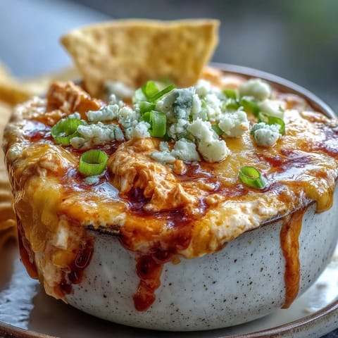 A bowl of spicy Crock Pot Buffalo Chicken Dip Soup garnished with blue cheese crumbles and fresh parsley.