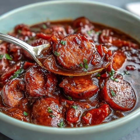 Sliced smoked cocktail sausages in a steaming bowl of Crock Pot BBQ Cocktail Sausage Soup, garnished with fresh parsley.