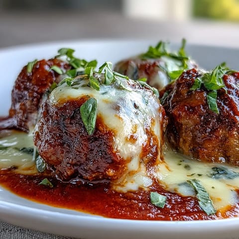 Golden-brown Cheesy, Garlicky Meatballs With Marinara topped with melted mozzarella and fresh parsley on a rustic dinner plate.