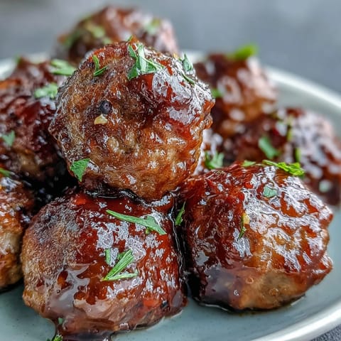 Glazed Slow Cooker Peach Glazed Meatballs simmering in a rich sauce, releasing sweet and tangy aromas, ready to be served as a party appetizer over rice.