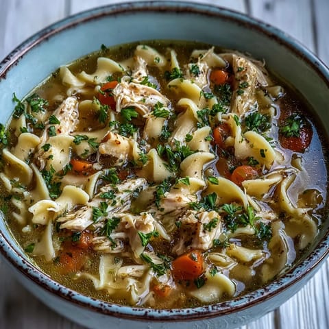 Hearty Instant Pot Chicken Noodle Soup with tender shredded chicken, carrots, celery, and wide egg noodles in a clear golden broth.