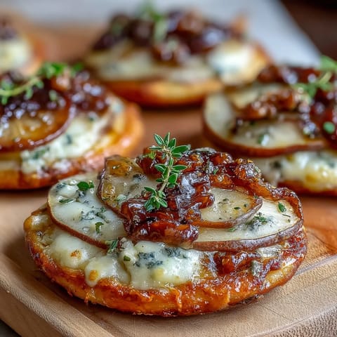 Close-up of baked Pear, Gorgonzola, and Pickled Walnut Pizzettes with bubbling cheese and golden crust, served on a rustic board.