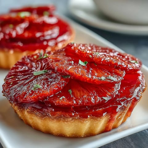 Six individual Blood Orange Tarts served on a white plate with honey drizzle glistening.