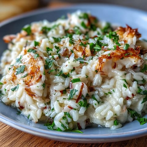 Creamy smoked haddock risotto with tender leeks and Parmesan, served in a rustic skillet for a comforting dinner.