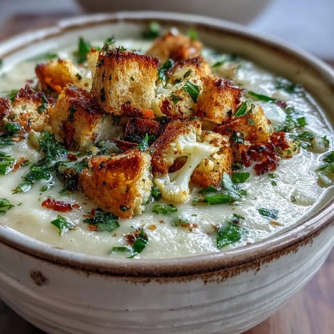 A bowl of creamy Cauliflower and Broccoli Soup topped with golden, crunchy homemade croutons, served beside a slice of crusty bread.