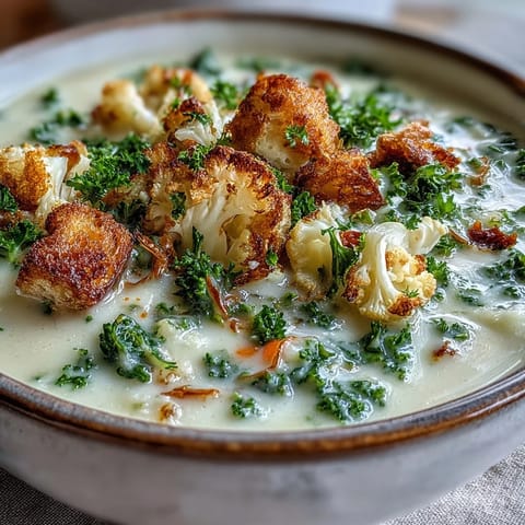 Steaming hot Cauliflower and Broccoli Soup in a rustic bowl, showcasing the smooth, pale green texture and fresh thyme garnish.