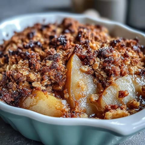 Golden-baked Pear Crumble sits bubbling in a white dish, showcasing a thick, crunchy oat topping over tender cinnamon-spiced fruit.