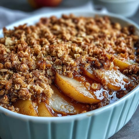 A warm slice of Pear Crumble served à la mode with melting vanilla ice cream, perfect for a comforting dessert.