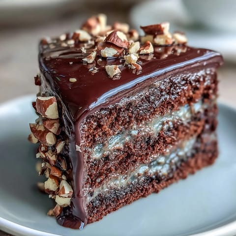 A slice of Chocolate Celebration Cake reveals moist crumb layers with glossy chocolate ganache and crunchy hazelnut praline on a white plate.