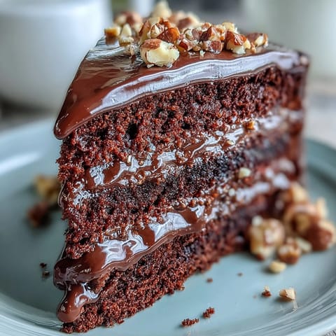 Frosted Chocolate Celebration Cake with dark ganache and hazelnut praline shards, ready to serve at birthdays or dinner parties.