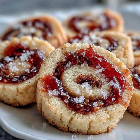 Tender buttery cookies with raspberry jam swirls, perfect for afternoon tea or as a sweet homemade gift.