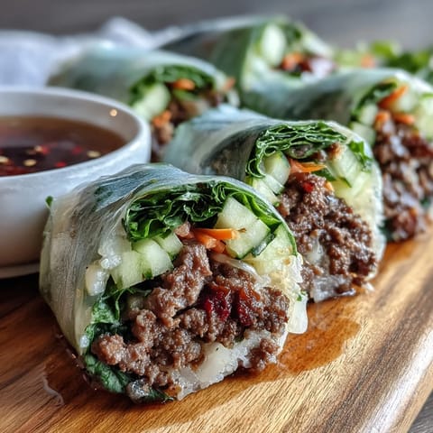 Colorful Thai Basil Beef Rolls displayed on a platter, featuring ground beef, fresh Thai basil, cucumber, and carrots in rice paper. 