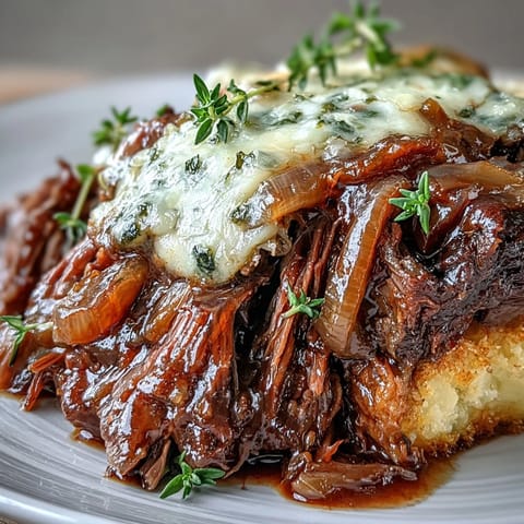 Savory Crock Pot French Onion Pot Roast with tender beef, caramelized onions, and gooey Gruyere in a slow cooker.