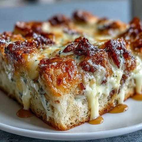 Monte Cristo Breakfast Casserole slices revealing layers of ham, turkey, Swiss cheese, and custardy bread.