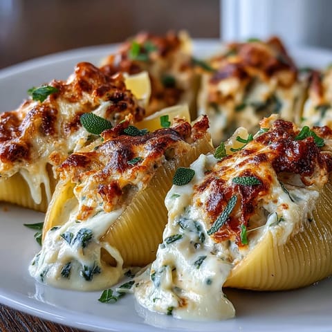 Golden, bubbly Pumpkin & Gouda Stuffed Shells topped with crispy fried sage leaves.