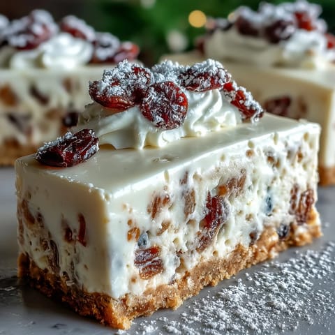 A slice of Christmas Cheesecake Slab with creamy filling and powdered sugar snow.