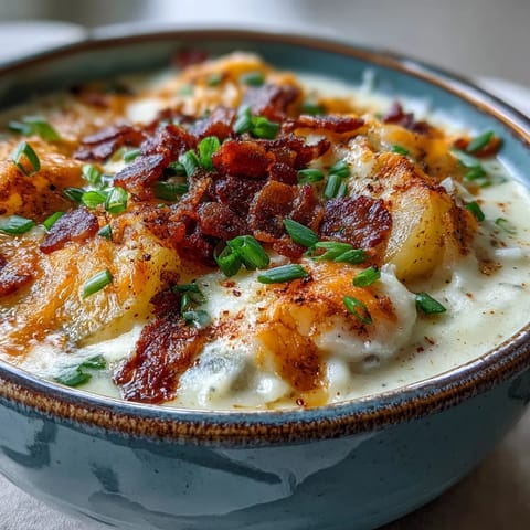 A comforting bowl of loaded potato soup garnished with bacon crumbles, extra cheese, and sliced scallions for a hearty meal.