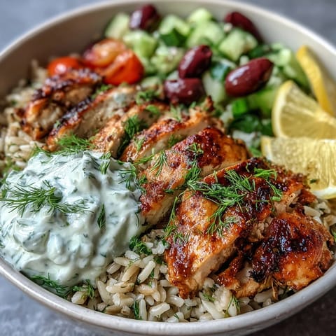 Freshly grilled Greek chicken slices rest over fragrant herbed rice with vibrant tomato-cucumber salad, Kalamata olives, and a dollop of cool tzatziki sauce in a serving bowl.