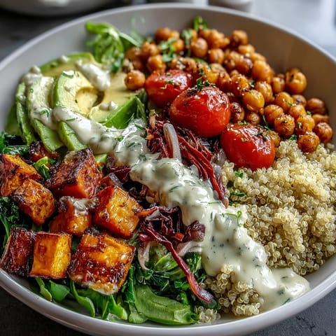Fluffy quinoa and roasted sweet potato in a Buddha Bowl with Crispy Chickpeas, topped with creamy garlic tahini dressing.