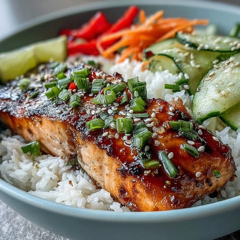 Flaky soy-ginger glazed salmon served over fluffy rice with crisp julienned vegetables in a vibrant bowl.