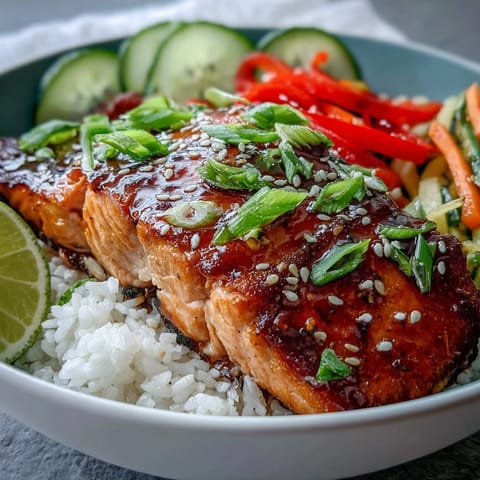Healthy Asian-inspired salmon bowl topped with sesame seeds, scallions, and fresh lime wedges.