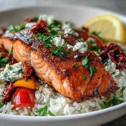 Pan-seared Mediterranean Salmon Bowl with crispy rice and creamy feta.