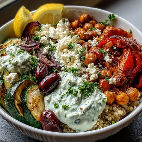 Golden roasted zucchini and bell peppers sit atop fluffy quinoa in a Mediterranean Buddha Bowl, garnished with olives and parsley.